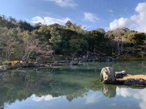 Blue lake with trees and in the distance