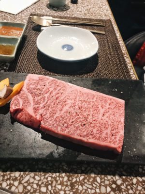 Wagyu steak served on a stone slab